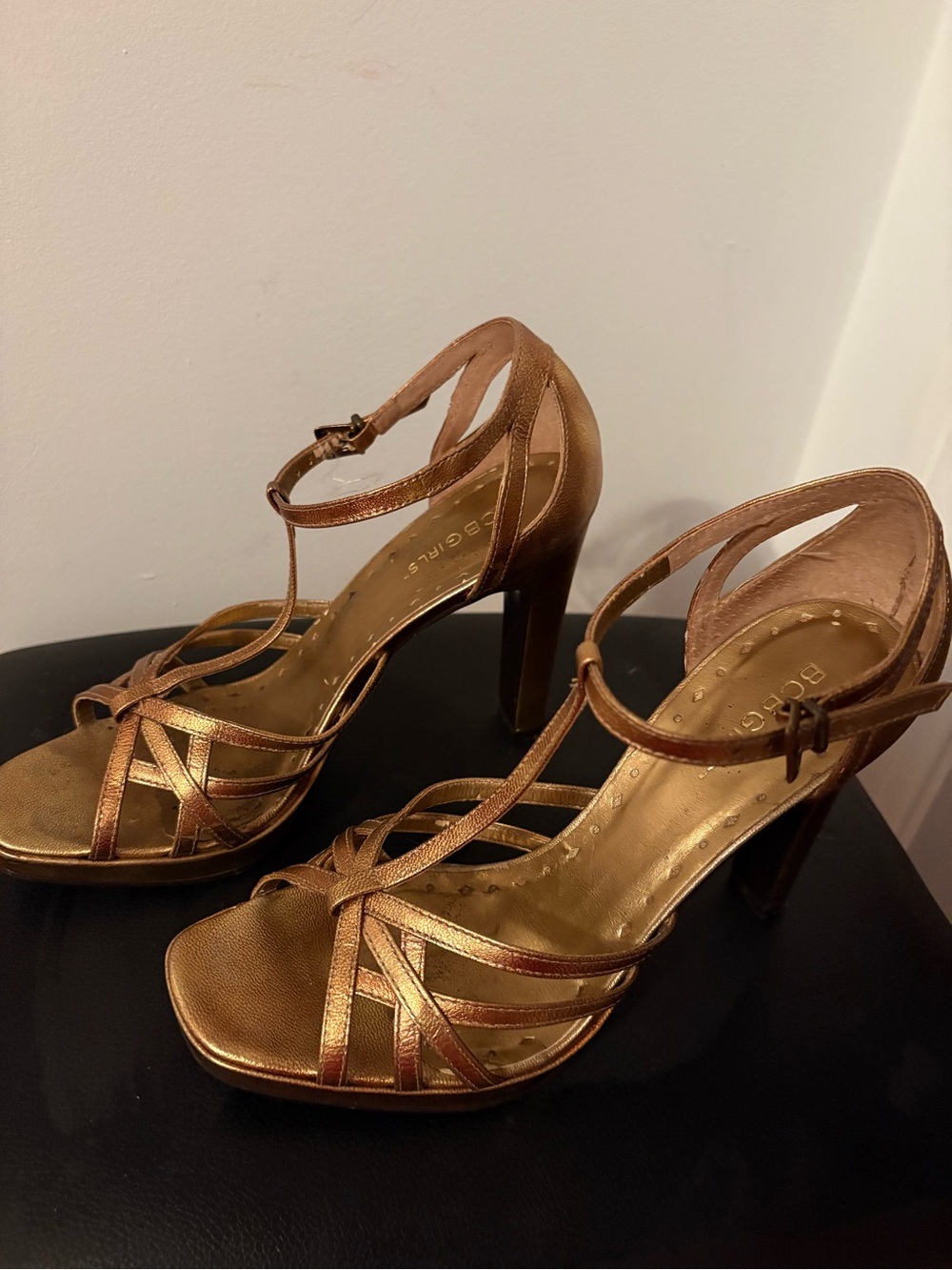 BCBGirls Metallic Bronze Strappy T‑Bar High Heel Sandals - Picture 6 of 9